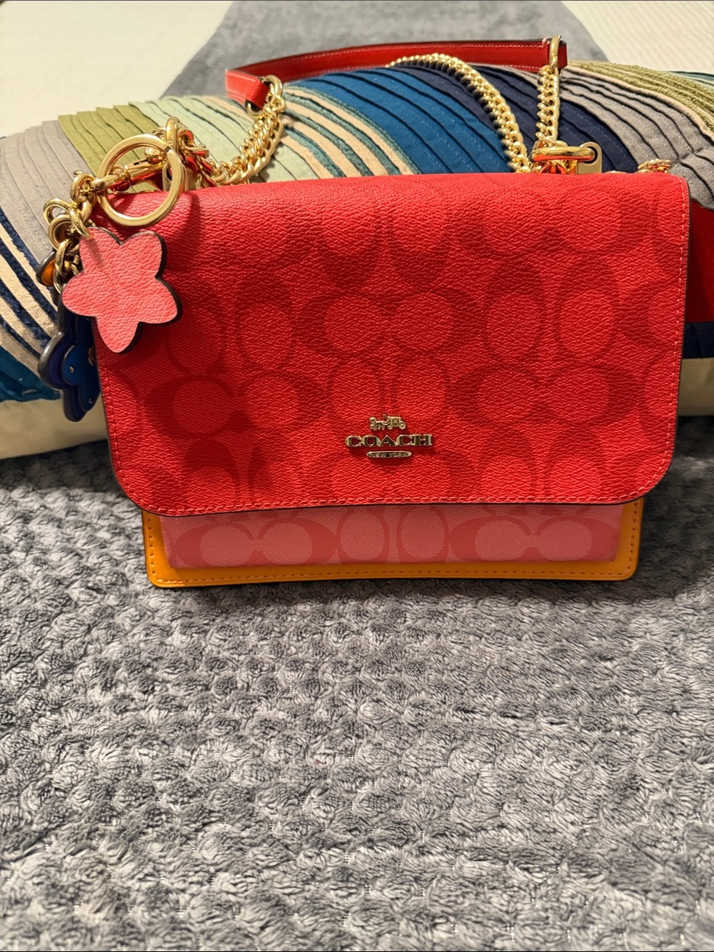 Coach Colorblock Shoulder Bag in Red, Pink, Yellow with Gold Chain